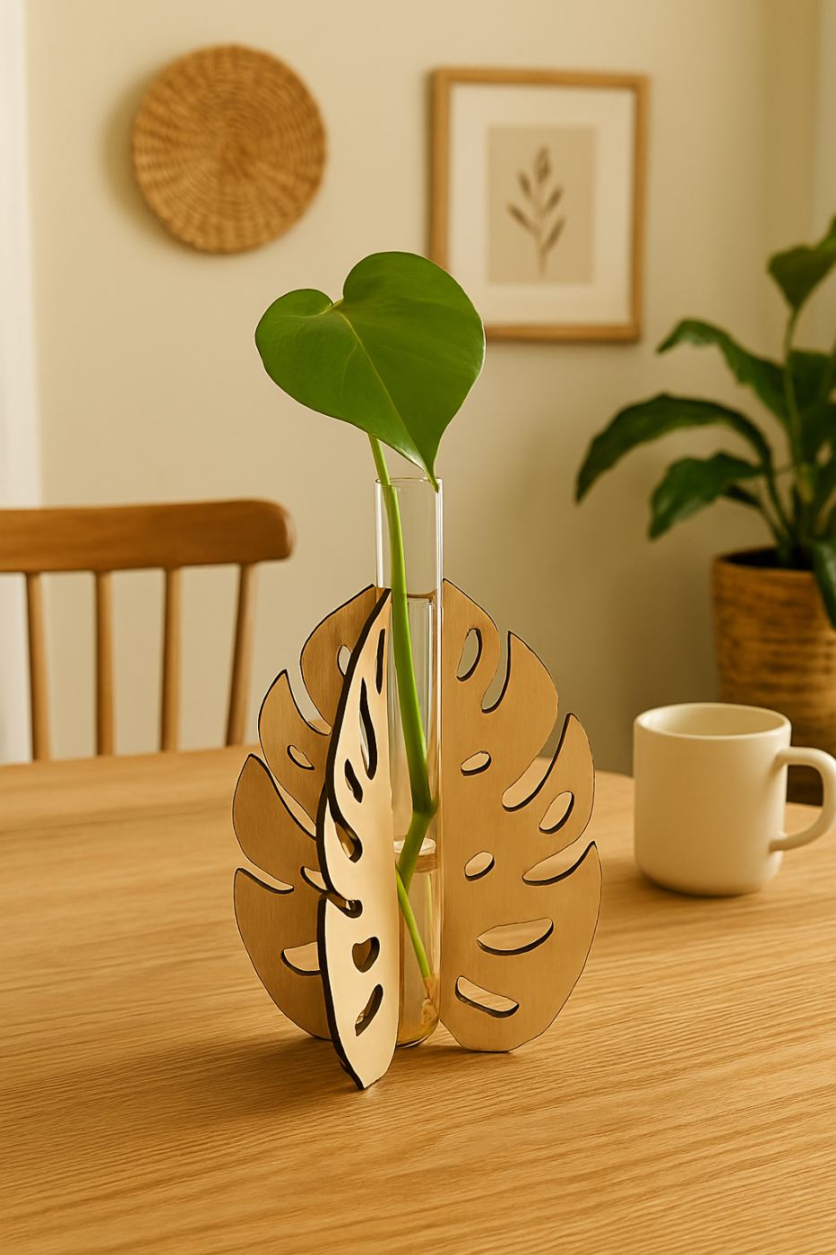 Monstera laser-cut vase on a dining table