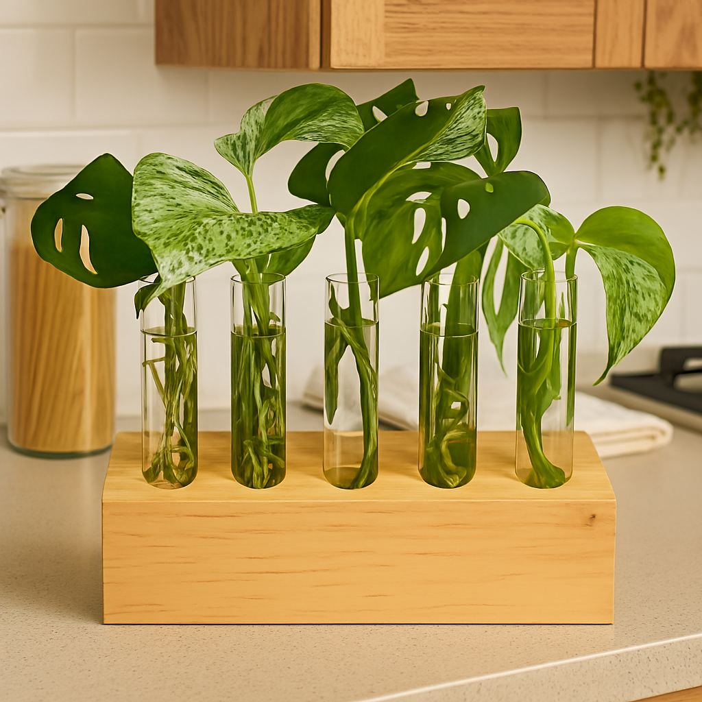 A five-tube slanted pine propagation station holding cuttings on a kitchen counter
